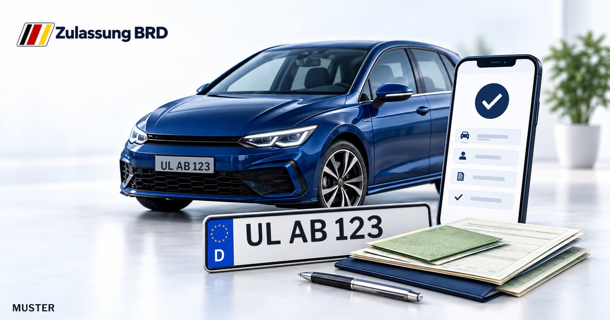 Online Fahrzeugzulassung in Alb-Donau-Kreis: Musterkennzeichen UL AB 123, Auto und Fahrzeugpapiere und Smartphone. Illustration mit Logo von Zulassung BRD.